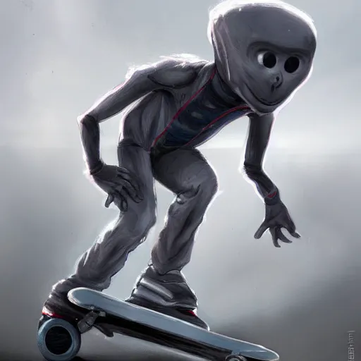 Image similar to Grey Alien Skateboarding in public, White pixiv artist WLOP artstation artist Mam BA artstation real photo very detailed