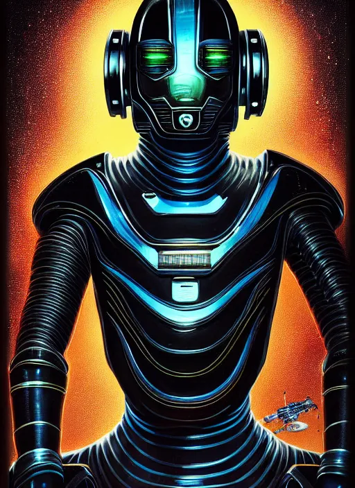 Image similar to handsome black man, cyber suit, character portrait, portrait, close up, concept art, intricate details, highly detailed, vintage sci - fi poster, retro future, vintage sci - fi art, in the style of chris foss, rodger dean, moebius, michael whelan, katsuhiro otomo, and gustave dore