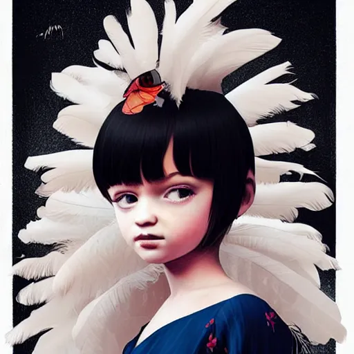 Image similar to little girl with an eccentric haircut wearing an dress made of feathers, artwork made by ilya kuvshinov