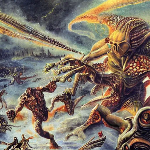 Image similar to alien invasion, fall of rome, epic painting