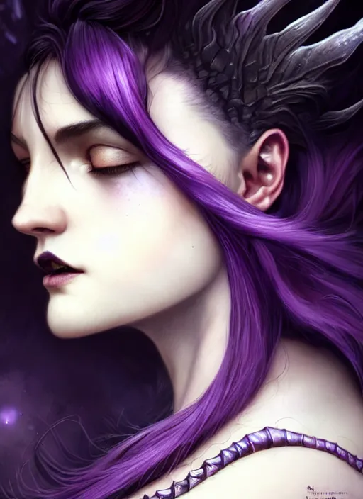 Image similar to award winning book cover, side portrait dark witch, adventurer outfit large cloak, fantasy forest landscape, dragon scales, fantasy magic, undercut hairstyle, short purple black fade hair, dark light night, intricate, elegant, sharp focus, illustration, highly detailed, digital painting, concept art, matte, art by WLOP and Artgerm and Greg Rutkowski and Alphonse Mucha, masterpiece