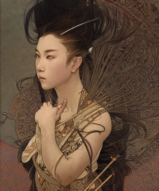 Image similar to realistic hyper detailed portrait of a samurai warrior by Alphonse Mucha and Charlie Bowater and art germ, rule of thirds, samurai armor, japanese patterns, golden ratio, portrait style with the subject in the middle of the frame