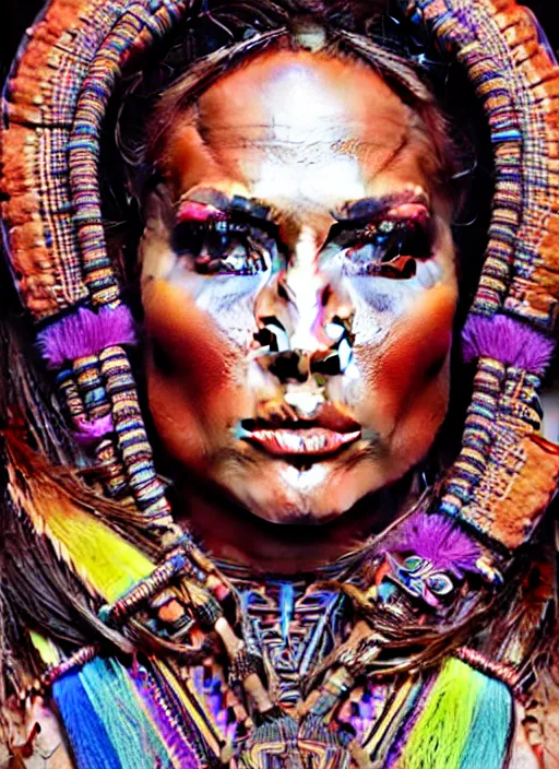 Image similar to portrait of jennifer lopez, hyper detailed ultra sharp aztec shaman warrior. trending on artstation, warpaint aesthetic, bloodwave, colorful, psychedelic, ornate, intricate, digital painting, concept art, smooth, sharp focus, illustration, art by artgerm and greg rutkowski and h. r. giger, 8 k