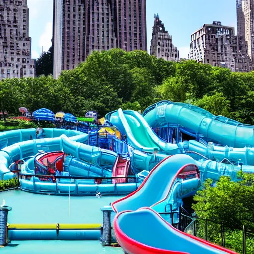 Image similar to highly detailed photo of a large water park with numerous slides and water rides inside of central park. the new york city skyline is shown in the background.