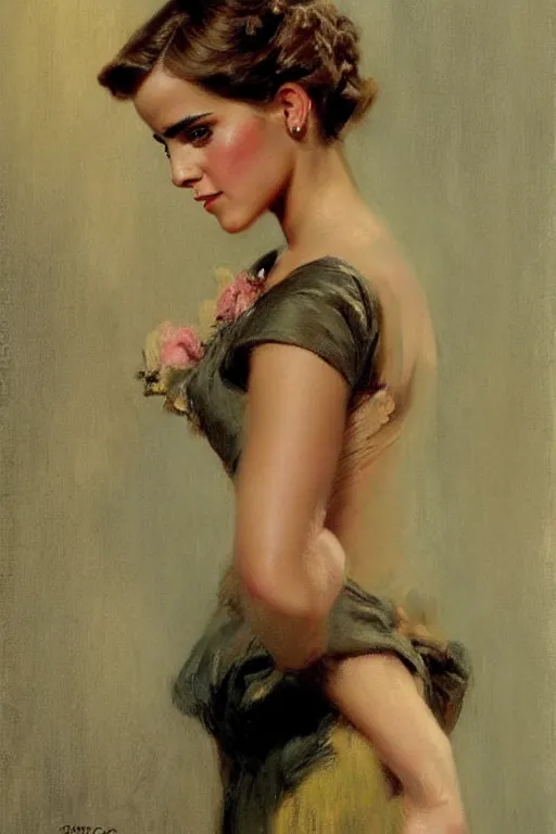 Image similar to detailed portrait of a beautiful emma watson 1 9 5 0 s hairstyle muscular, painting by gaston bussiere, craig mullins, j. c. leyendecker