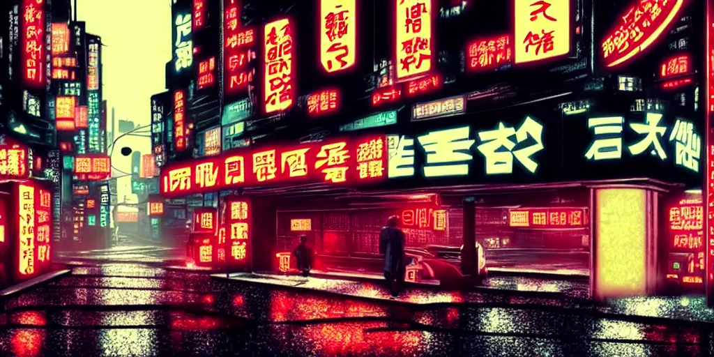 Image similar to Noir Cyberpunk Tokyo with neon signs in Japanese, raining, dark, gloomy atmosphere. Symbolism, Detailed Art, 8K, Epic, Dynamic Light.