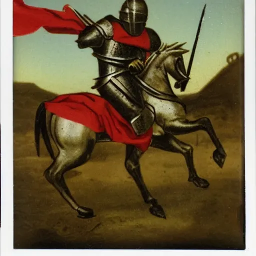 Image similar to polaroid of medieval knight in battle with a dragon