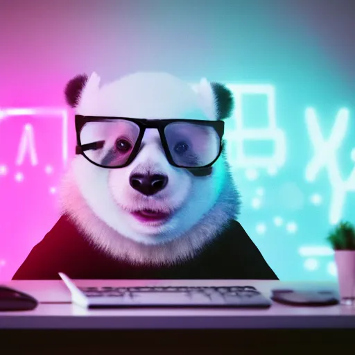 Prompt: a fluffy panda like a programmer wearing metal frame glasses is writing coding in front of the computer, foggy, mystery code, Cyberpunk, neon light, 4k, hd, highly detailed