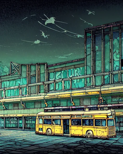 Prompt: a beautiful detailed illustration of abandoned building bus station by denise scott brown, apocalyptic tundra reclaimed by nature wilderness magic realism junglepunk liberty city studio ghibli thermal vision poppy cyberpunk meadow thermal imaging darkacademia biopunk dramatic lighting, archdaily, wallpaper, highly detailed, trending on artstation.