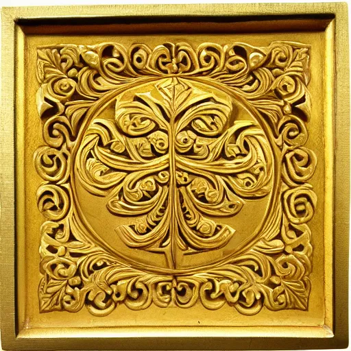 Prompt: ornate engraved carving of a leaf on a square gold panel
