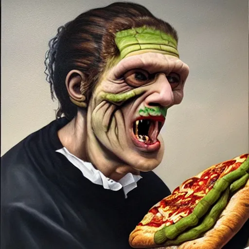 Image similar to hyper realistic painting of frankenstein eating a slice of pizza with his mouth wide open