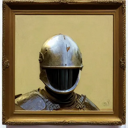 Prompt: portrait of a knight with helmet off, bronze armor with intricate engraving, silver highlights, style palette knife painting, by craig mullins.