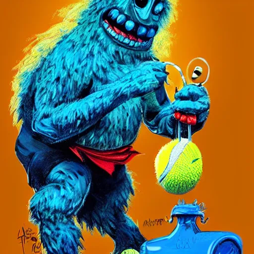 Image similar to a tennis ball monsters , blue, digital art, fantasy, magic, trending on artstation, ultra detailed, professional illustration by Basil Gogos