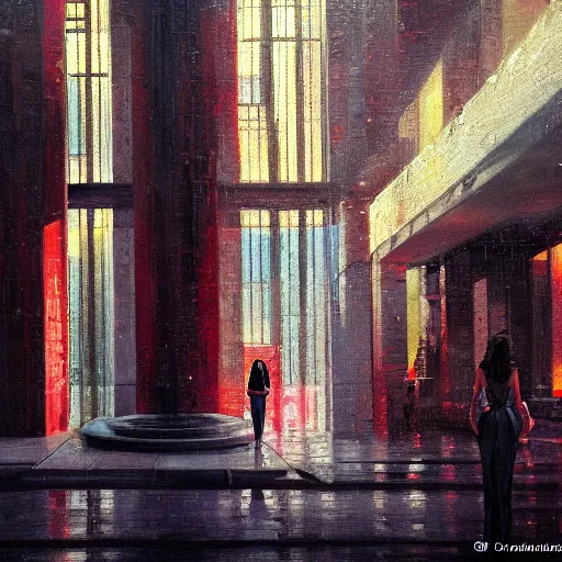 Image similar to scene, moment, beautiful woman, courtyard, capital, cybermosque interior, control panel, watcher, omniscient, tech noir, wet reflections, impressionism, matte painting, speed painting, chiaroscuro, oil on canvas