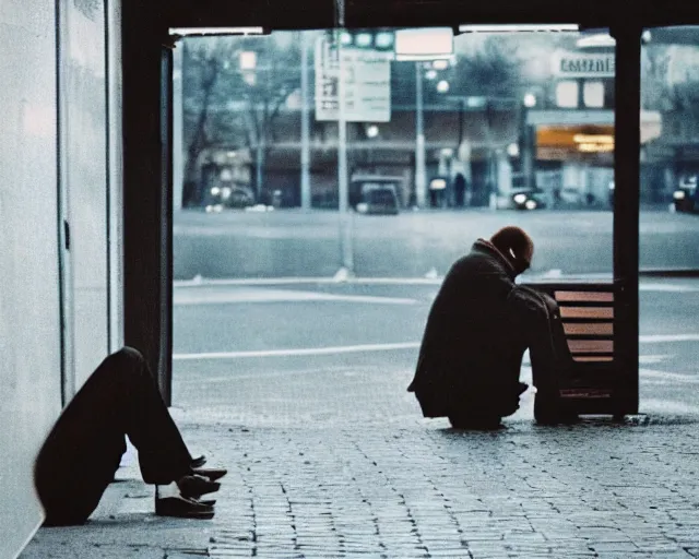 Image similar to a lomographic photo of russian lone man sitting in bus station at evening, cinestill, bokeh