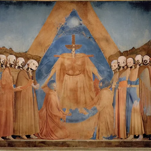 Prompt: Thelema God Morgante the Demon stands above the small townfolk leering with enormous eye fresco by giotto