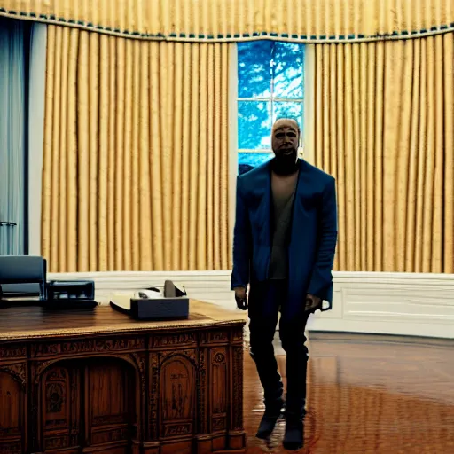 Prompt: photo of kanye west in the oval office, white house, movie still, cinematic, 8 k, unreal engine, 3 d render