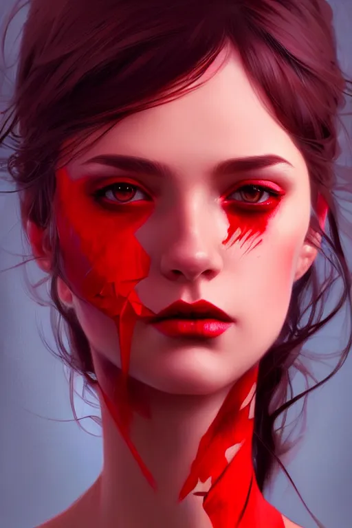 Prompt: a beautiful girl with red makeup in the eyes, fantasy, portrait, sharp focus, intricate, elegant, digital painting, artstation, matte, highly detailed, concept art, illustration, ambient lighting, art by ilya kuvshinov, artgerm, Alphonse mucha, and Greg Rutkowski