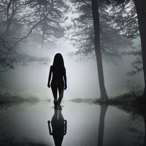 Image similar to full body shot of a young fantastical nymph walking out of a small forest lake, cinematic light, volumetric fog, 24mm,