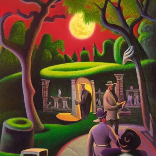 Image similar to batman and sherlock holmes discover a portal to another universe within the luxembourg gardens in paris. a magical moon glows in the sky. oil painting in the style of thomas hart benton. cosmic vibes.