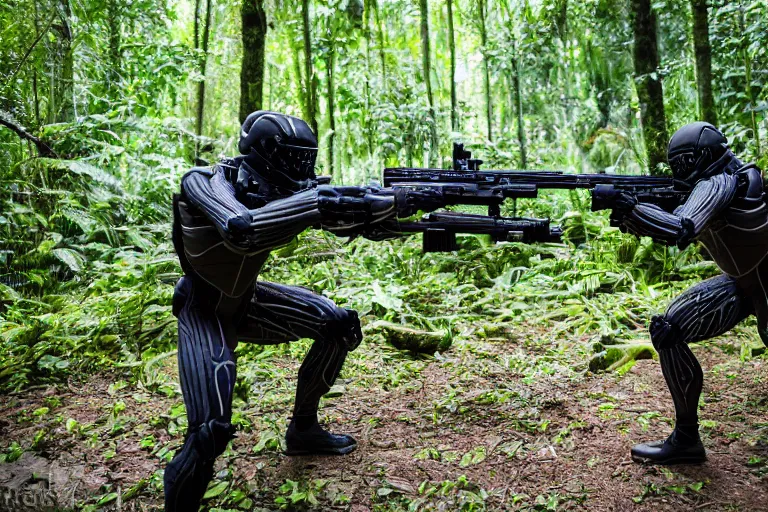 Image similar to Crysis Nanosuit shooting at enemies in a jungle combat photography 2022, Canon EOS R3, f/1.4, ISO 200, 1/160s, 8K, RAW, unedited, symmetrical balance, in-frame,