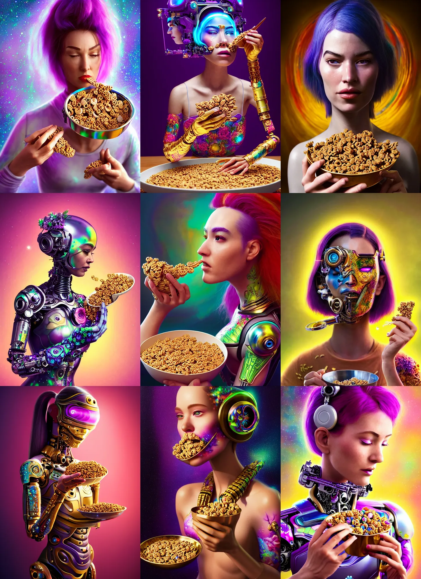 Prompt: polished lush galactic ornate floral edm cyborg woman eating cereal : : weta disney pixar movie still photo : : hi - fructose, sci fi, decadent highly - detailed digital painting, golden ratio, octane render, artstation, smooth, sharp focus, artgerm mucha, loish, wlop : :