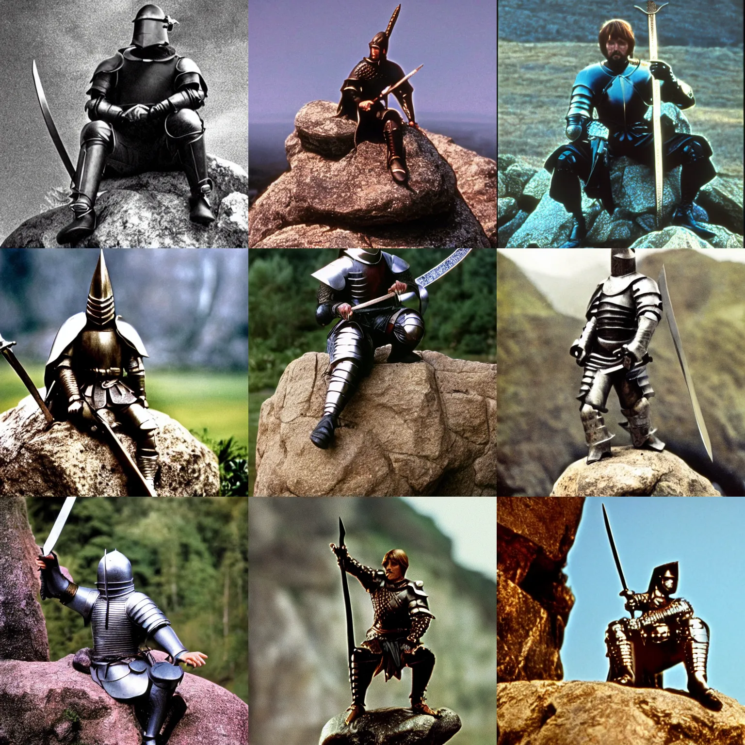 Prompt: a knight sitting on a rock, holding a sword still from 8 0's movie