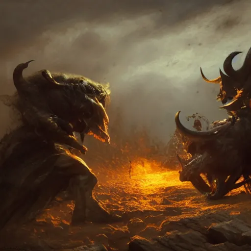 Image similar to an epic battle between the devil and god, volumetric lighting, 8 k octane beautifully detailed render, post - processing, extremely hyper - detailed, intricate, epic composition, cinematic lighting, masterpiece, trending on artstation, detailed detailed detailed, masterpiece, stunning art by anders zorn, wonderful masterpiece by greg rutkowski, beautiful cinematic light,