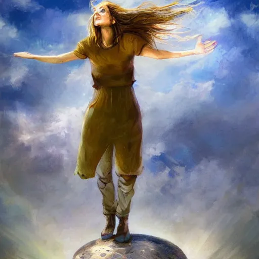 Prompt: woman stands on land that floats amongst the clouds, by jon foster