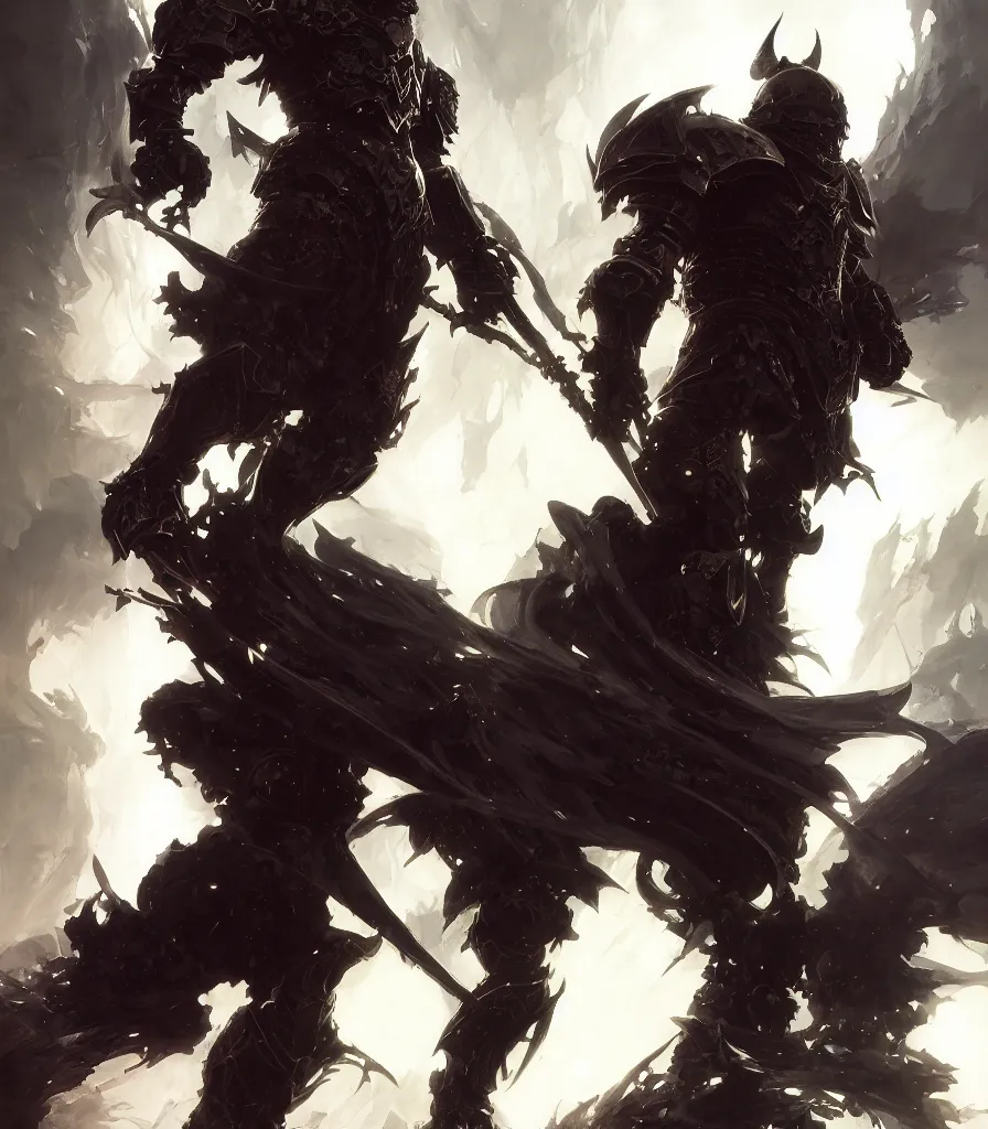 Image similar to a hellish knight paladin, black armor, flowing backlit hair, beautifully designed character, award winning collaborative painting by geg ruthowski, alphonse murac, craig mullins, ruan jia, wlop, yoji shinkawa, collaborative artwork, exquisitely high quality and detailed