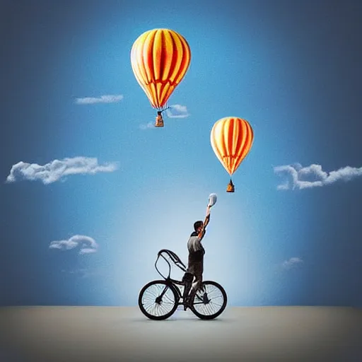Prompt: “man using a tiny bike pump to inflate an extremely large hot air balloon, highly detailed, dramatic lighting, Tim Burton, Alex Pardee, James McDermott, cgsociety 4K”