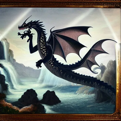 Image similar to oil painting of a dragon flying in the air near a cave with a waterfall in the center, light emanating from the waterfall leading to a big pool of water, dragon has black and white siberian tiger stripes, elegant, sharp focus, wide shot, clear, detailed, early renaissance