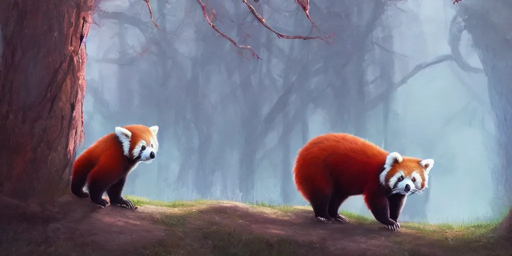 Cute red panda walks in the woods, trending on, Stable Diffusion