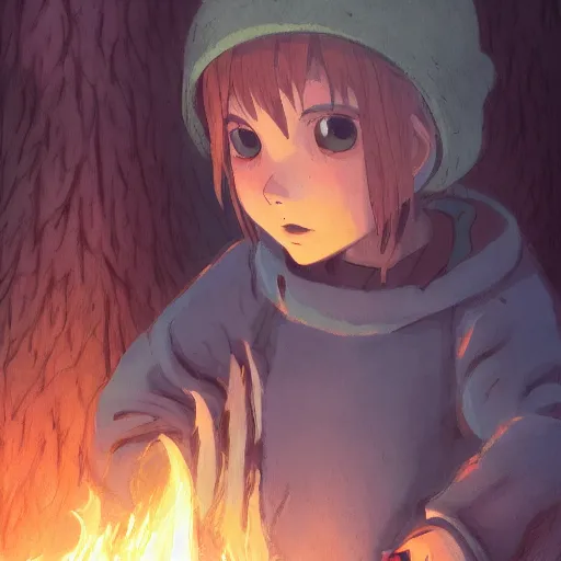 Prompt: a child with grey skin with blues and short brown hair, holding fire in hands, forest background, highly detailed, digital painting, artstation, matte, by makoto shinkai, animation style, studio ghibli, anime key visual