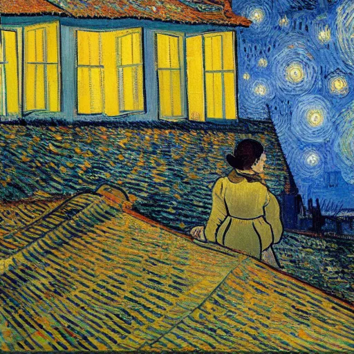 Image similar to a romantic girl on the roof of the house in rotterdam looks at the stars, in the windows yellow light, painting by wang gogh