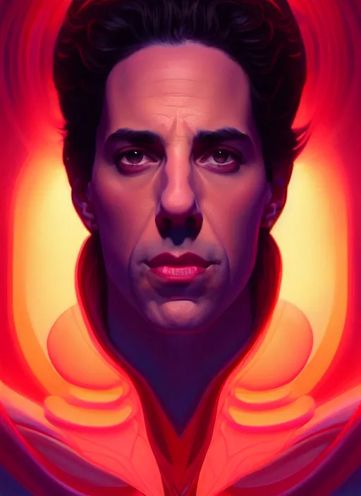 Image similar to symmetry!! portrait of seinfeld, glowing lights!! intricate, elegant, highly detailed, digital painting, artstation, concept art, smooth, sharp focus, illustration, art by artgerm and greg rutkowski and alphonse mucha