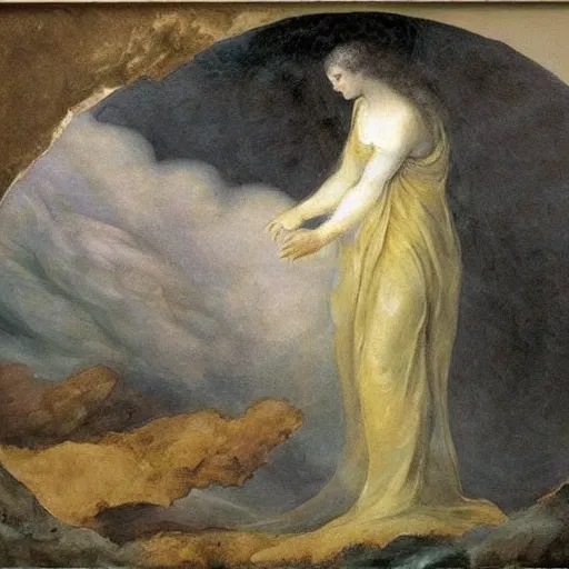 Image similar to luna grieving gaia, fresco by francisco goya