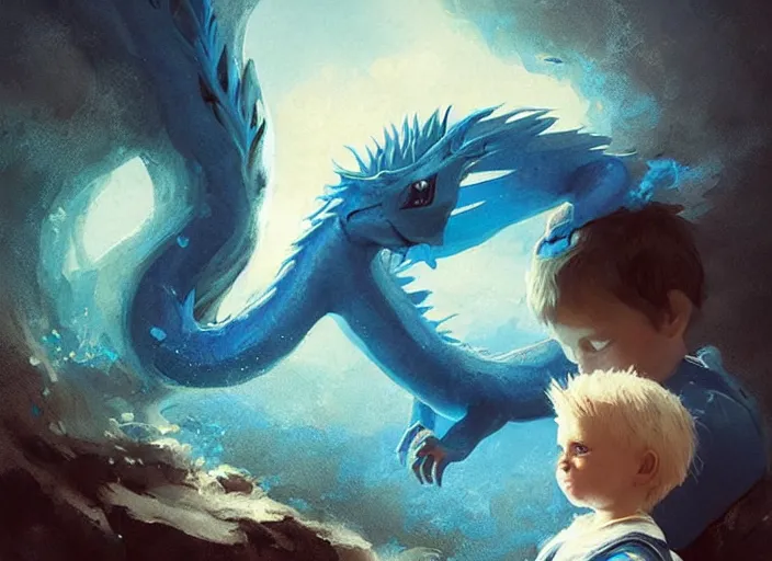 Prompt: a cute little boy with tousled blonde hair and blue eyes holds a blue baby dragon, beautiful fantasy art by greg rutkowski.