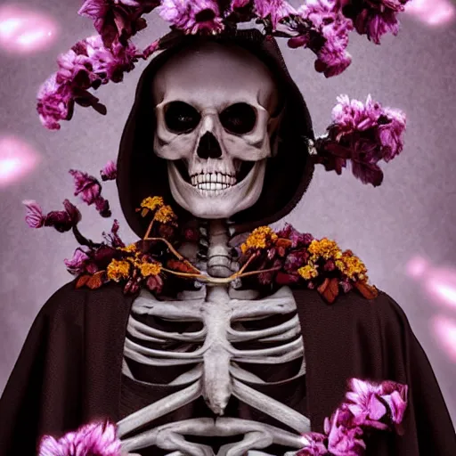 Prompt: cinematic shot epic portrait skeleton wearing a dark robe covered in flowers, hyper realistic, mood lighting, fantasy, detailed face, highly detailed, super realistic, perfect lighting