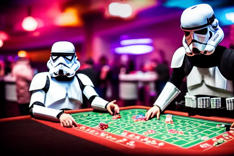 Prompt: a photo of two stormtroopers playing craps in las vegas, ultra wide shot, 2 4 mm, bokeh, blurred background, colorful lights