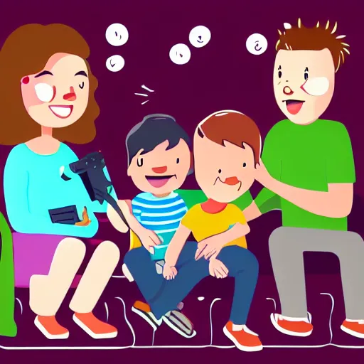 Prompt: illustration realism happy family playing happy video games