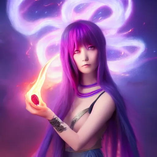 Prompt: rimuru tempest from tensura holding purple fire in her palm, overlooking piltover, straight hair, sky blue hair, long bangs, award winning photography, cinematic, digital painting, cinematic, wlop, 8 k, by ross tran, tom bagshaw