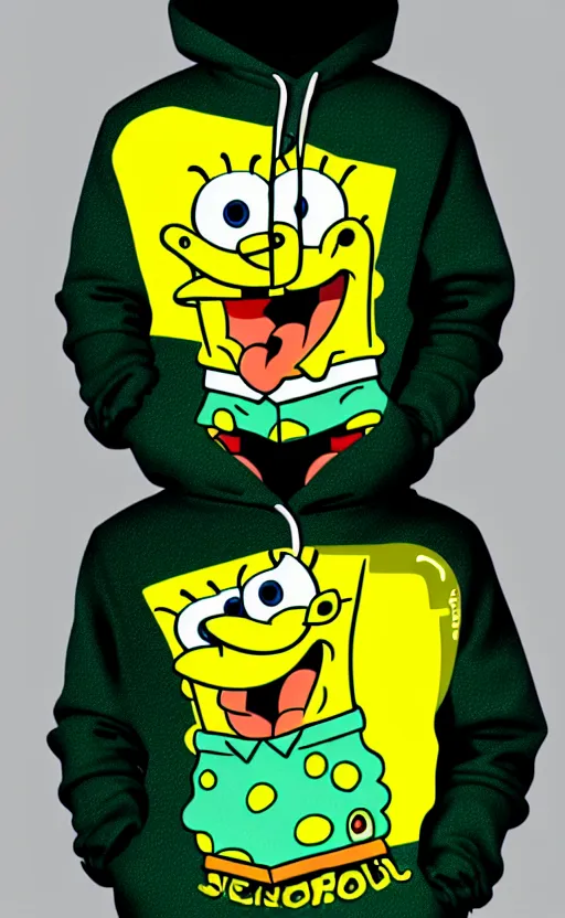 Image similar to spongebob hoodie, yellow and green, trendsetter, fiction, stability, intricate, elegant, 8 k, uhd, justify, artstation, concept art, matte, sharp focus, illustration, consistent, highly detailed object content, proportional object content