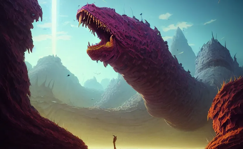 Image similar to highly detailed surreal vfx portrait of battle of colossal creatures from ancient legends, stephen bliss, unreal engine, greg rutkowski, loish, rhads, beeple, makoto shinkai and lois van baarle, ilya kuvshinov, rossdraws, tom bagshaw, global illumination, detailed and intricate environment