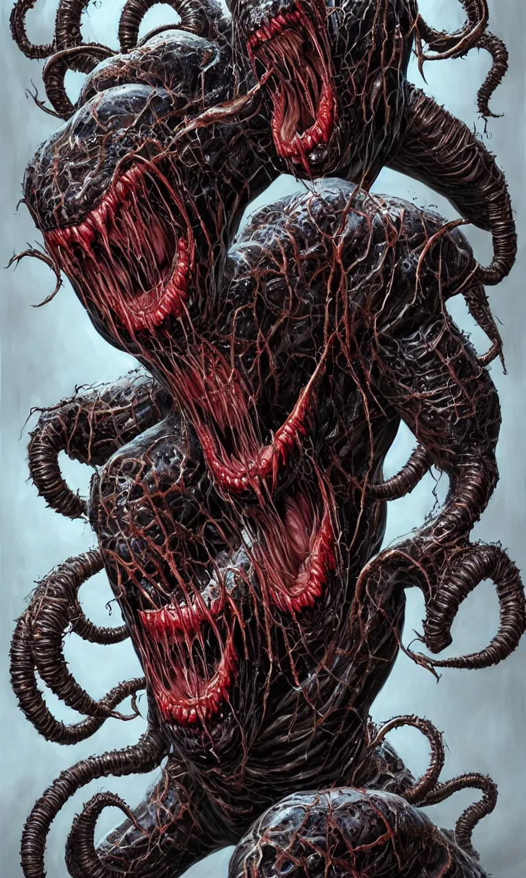 Image similar to hyper realist full body long shot portrait of bodybuilder venom legs from marvel comics!!!!, large mouth with teeth, large tongue, lovecraftian horror!!, fantasy, intricate, elegant, highly detailed, digital painting, artstation, concept art, matte, sharp focus, illustration, art by glenn fabry and giger