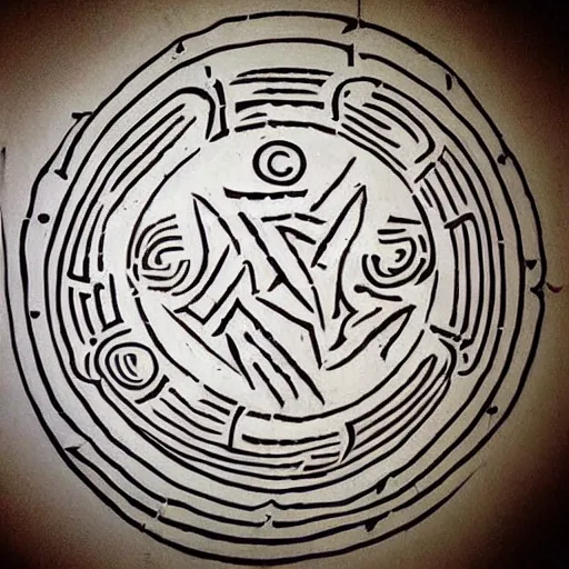 Image similar to “ sigil magick, sigils carved into wall, demonic summoning of the goetia ”