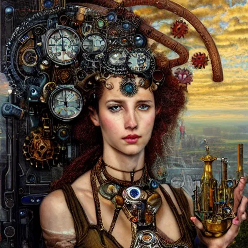 Image similar to A head and shoulders masterpiece portrait of a steampunk beautiful goddess, she half human and half robot, she is embellished with few gears wheels and gemstones, by William Holman Hunt, Greg Rutkowski, Stanely Artgerm, Tooth Wu, Peter Gric, Aaron Horkey, trending on Artstation, digital art, mythological, symmetrical artwork, cinematic lighting, hyper realism, high detail, octane render, ultra realistic, golden ratio, 4k, 8k