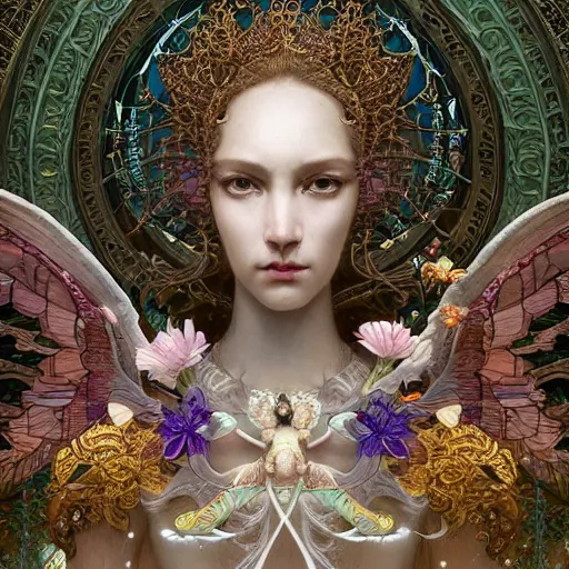 Prompt: absolutely beautiful empress, intricate, elegant, hyper detailed, finely detailed beautiful angelic symmetry face delicate, smooth, sharp focus, award - winning, masterpiece, in bloom greenhouse, shining light came in through the window, style of tom bagshaw, cedric peyravernay, peter mohrbacher, louis comfort tiffany, victo ngai, 4 k hd illustrative wallpaper