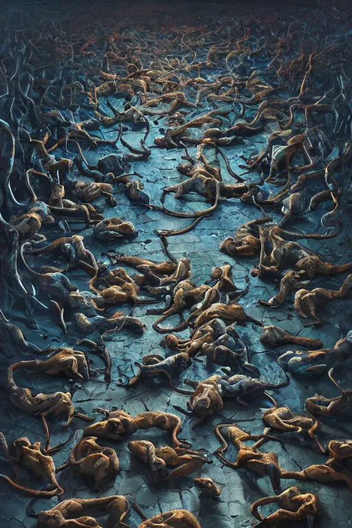 Image similar to palette knife oil painting of hundreds of rats forming the shape of a human. sewer, dark lighting. extreme detail. artstation trending, artgerm, deviant art, octane, substance, art history 8 k