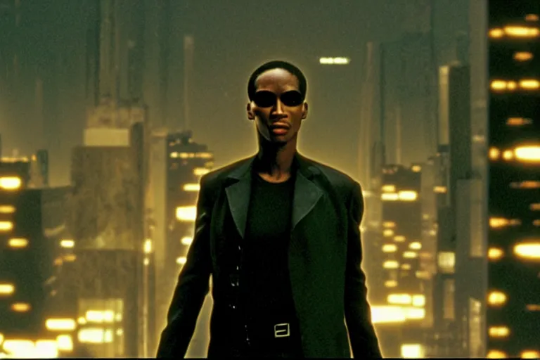 Prompt: film still of dwyane johnson as neo from the matrix standing on a roof top